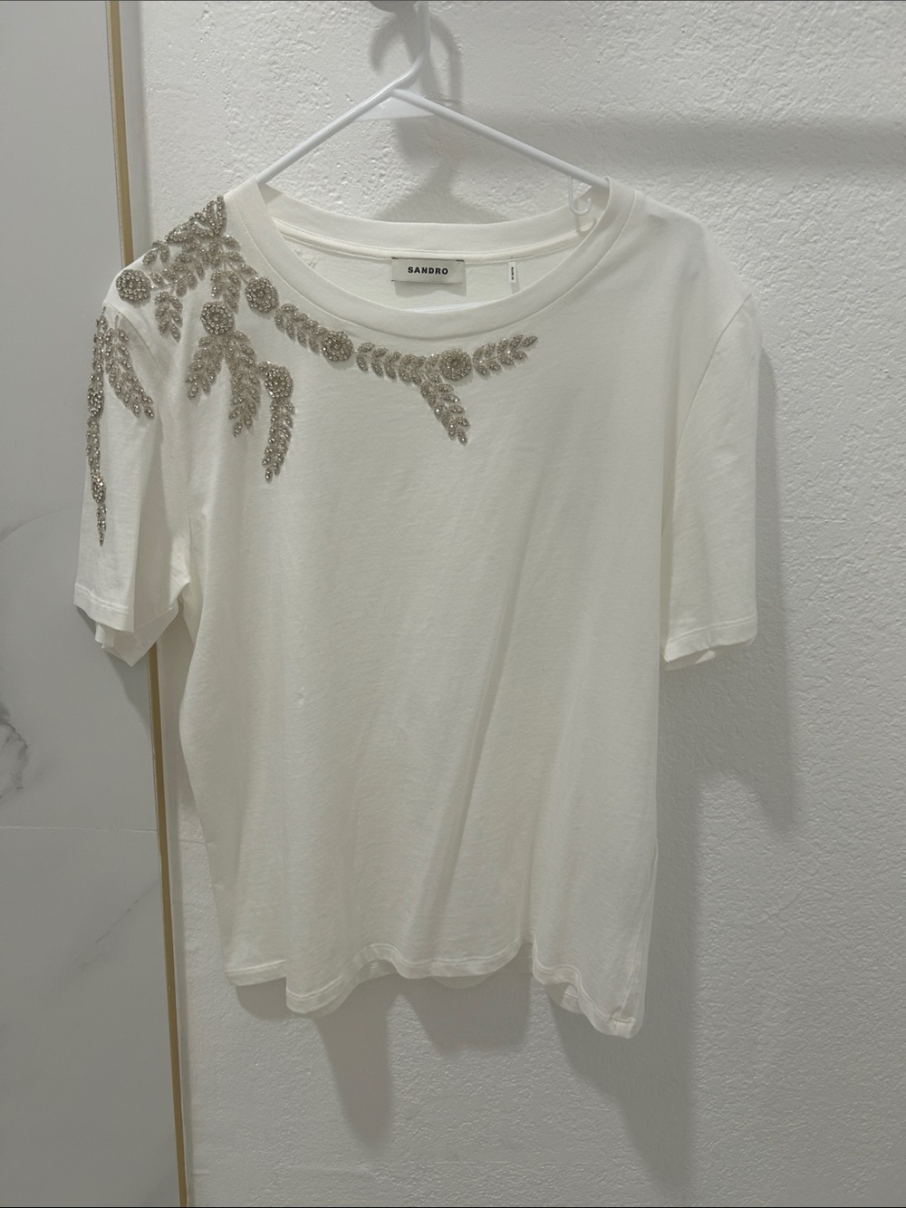 Sandro White Tee with Gold Sequin Embellishment